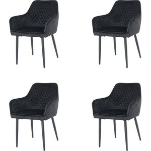Nuvolix velvet eetkamerstoelen met armleuning set van 4 ""Barcelona"" - stoel met armleuningen - eetkamerstoel - velvet stoel - zwart