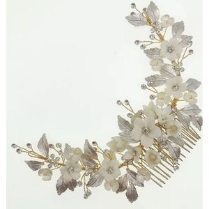 Sera Serie - Grote haarkam met keramieken bloemen en diamanten steentjes - haarsteek / haarschuifje zilver en goud - bruidsmode - bruid dames haaraccessoires - bruiloft feest verloving