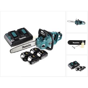 Makita DUC 355 PT4 Accu-kettingzaag 36V ( 2x18V ) Borstelloos 35 cm + 4x 5.0 Ah accu + dubbele lader