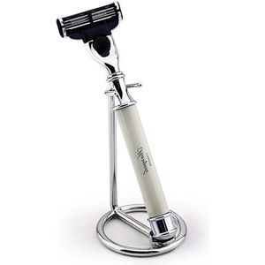 Triple Edge scheermes in Ivoor kleur & RVS Razor Stand Combo - Klassiekers voor de moderne Gentleman - Geraffineerd en stijlvol - Perfect voor nat scheren