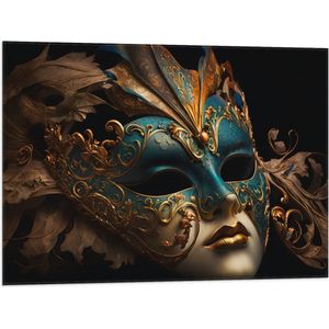 Vlag - Venetiaanse carnavals Masker met Blauwe en Gouden Details tegen Zwarte Achtergrond - 80x60 cm Foto op Polyester Vlag