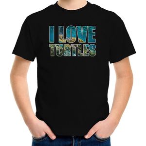 Tekst shirt I love turtles met dieren foto van een schildpad zwart voor kinderen - cadeau t-shirt zeeschildpadden liefhebber - kinderkleding / kleding 158/164