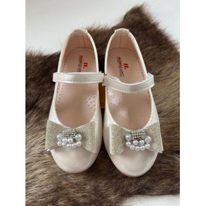 meisjesschoenen-luxe feestschoenen-kinderschoenen-leren ballerina- schoenen met enkelband-klittenbandsluiting-orthopedic-parels- strass steentjes-kleur off white-creme -champagne goud -bruidsmeisjes-bruiloft-feest-verjaardag-fotoshoot- maat 31