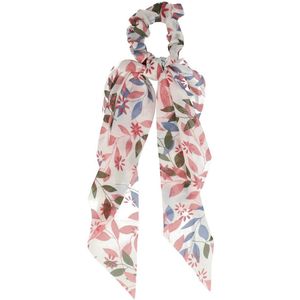 Haarsoires Haarelastiek Scrunchie – Bloemen en Blaadjes Patroon – 25cm Linten – Gladde Stof – Wit Roze - Haarkrinkel - Haar Elastiek met Stof - Zacht & Haarvriendelijk
