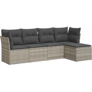 vidaXL - 5-delige - Loungeset - met - kussens - poly - rattan - lichtgrijs