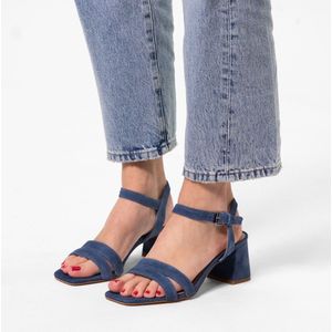 Manfield - Dames - Blauwe suède sandalen met hak - Maat 38