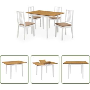 The Living Store Eettafelset - wit en bruin - (80-120) x 80 x 74 cm - massief rubberwooden - verlengbaar - 4 Eetkamerstoelen - wit en crème - 100% polyester kussen - 40 x 49 x 88.5 cm