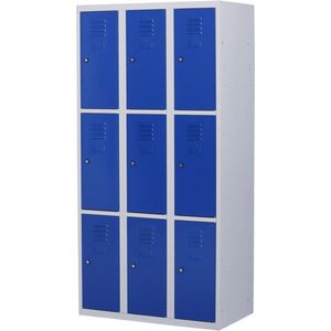 Lockerkast metaal met slot - 9 deurs 3 delig - Grijs/blauw - 180x120x50 cm - LKP-1059