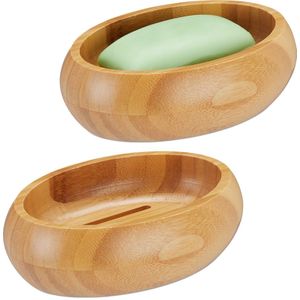 Relaxdays 2x zeepbakje bamboe - zeephouder badkamer - zeepschaaltje - wastafel accessoire