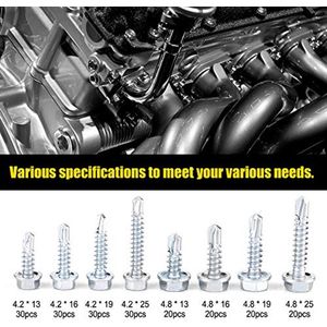 200 stks Duurzame Zelftappende Schroeven, Hex Wasmachine Hoofd Zelfborende Metalen Schroeven Assortiment Kit Set met Boorpunt, Zelf Driller