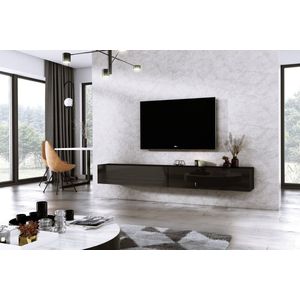 Meubel Square - TV meubel DIAMOND - Zwart / Hoogglans Zwart - 240cm (2x120cm) - Hangend TV Kast