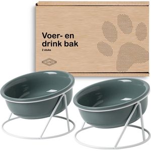 GIZMO 2x Voerbak Kat/Hond (Groot) - 800ML - Donkergroen - Keramische Drink- & Voerbakken met Standaard - 17.5 cm - 2 stuks