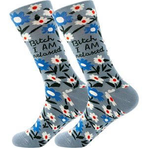Bloemetjes sokken met grappige tekst: Bitch I am Relaxed. Dames Sokken maat 38-41 - Funny socks