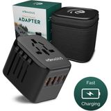 Nomadius® Wereldstekker - Fast Charging - Reisstekker - 2 USB-C en 2 USB - 170+ Landen - Universeel - Amerika (USA) - Engeland (UK) - Australië - Azië - Zuid Amerika - Europa - Italië - Afrika - Wereldstekkers - Zwart