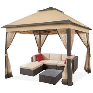 3,3 x 3,3 m tuinpaviljoen, dubbel dak, tuinhuisje, stabiel paviljoen met 4 netwanden, waterdicht, voor tuin, binnenplaats, terras