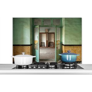 Spatscherm keuken 100x65 cm - Kookplaat achterwand Deur - Groen - Architectuur - Glas - Muurbeschermer - Spatwand fornuis - Hoogwaardig aluminium