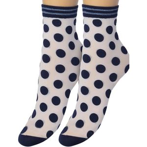 Bonnie Doon Big Dots Sheer Sokjes Wit met Donker Blauwe Stippen maat 36/42 - Set van 2 paar - Korte panty sokjes - Stippen - Glitter Streep boordje - Net boven enkel lengte -Zomer sokjes - wit met Donker Blauw - Black Iris - OL21111202.134