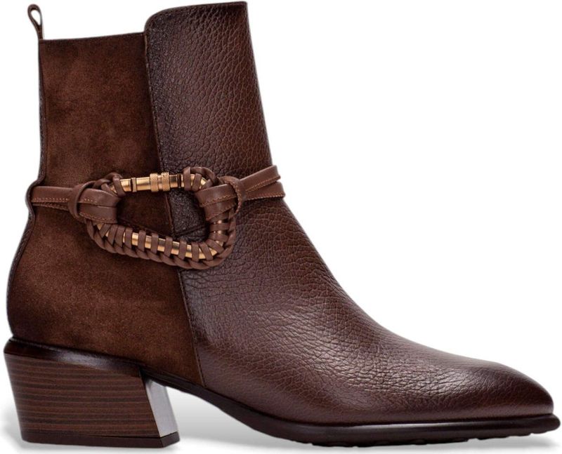 Hispanitas - Verona - Leren Enkellaarsjes - Bruin - Houten Blokhak 5 cm