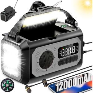 Draagbare noodradio - 12000mAh 2 zonnepaneelen, Zonnesolar handkraan AM/FM, 3 oplademethodes, USB-kabel, SOS-alarm, LED zaklamp, telefoonlader, kompas, koptelefoonjack (Grijs)