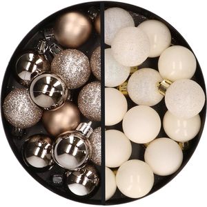 Kerstballen 34x st - 3 cm - champagne en wolwit - kunststof