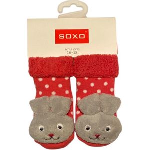 Soxo Meisjes Sokken met Rammelaar – Maat 16-18 – Roze met Witte Stippen – 0-6 Maanden - Baby sokjes 4-6 maanden - Baby sokjes met rammelaar maat 16-18 - Rammelende sokjes voor baby meisjes - Roze baby sokjes met rammelaar - Rammelsokjes konijnenhoofd