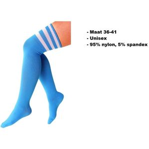 Paar lange sokken turquoise met witte strepen - maat 36-41 - kniekousen overknee kousen sportsokken cheerleader carnaval voetbal hockey unisex festival