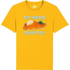 Auf Wieder schnitzel! - Grappige Apres Ski en Bier Wintersport Kleding - Mannen / Vrouwen / Unisex - Foute Ski en Snowboard Vakantie Outfit Cadeau - Unisex T-Shirt - Geel - Maat XXL