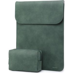 Sounix Laptophoes 15 inch - 2-Delig - PU Leren Laptophoes - Dunne Laptopsleeve - Laptophoes/ Sleeve - Groen