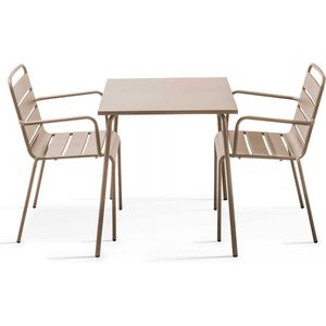 Oviala - Set van een vierkante tuin tafel en 2 taupe stalen fauteuils