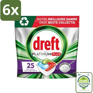 Dreft Platinum Plus - Vaatwascapsules - Deep Clean Boosted - Fresh Herbal Breeze - 25 Afwasbeurten - Voordeelverpakking - 6 stuks - Vaatwascapsules - Vaatwas