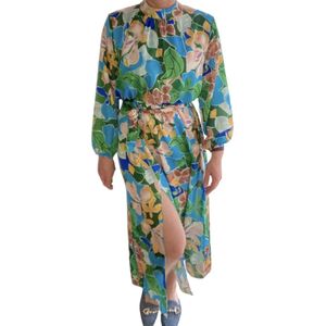 Jurk, blauw gebloemd, One size