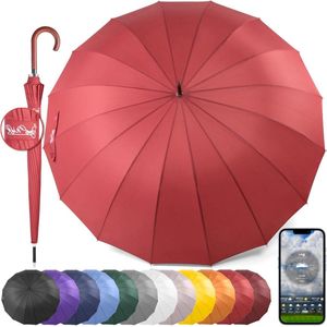 Grote Winddichte Paraplu voor Regen - 54 Inch, Automatisch Open, Voor 2 Personen, XXL Golf Klassiek met Houten Handvat en Sterke 16 Ribben, 120 cm Rood