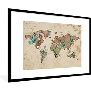 Fotolijst incl. Poster - Wereldkaart - Retro - Planten - 120x80 cm - Posterlijst