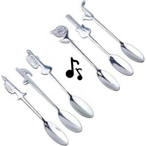 Muziek Lepeltjes - 6 Koffielepels/Theelepels met Muziekinstrumenten & Muzieknoot - Gitaar/Saxofoon/Trompet/Hoorn - Zilver kleur