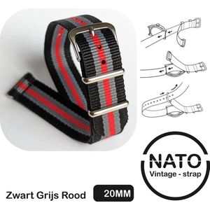 20mm Premium Nato Strap Rood Grijs Zwart - Vintage James Bond - Nato Strap collectie - Mannen Vrouwen - Horlogeband - 20 mm bandbreedte voor oa. Seiko Rolex Omega Casio en Citizen