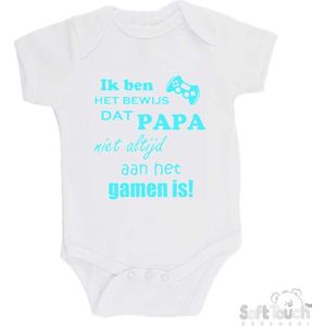 100% katoenen Romper ""Ik ben het bewijs dat PAPA niet altijd aan het gamen is!"" Unisex Katoen Wit/aquablauw Maat 56/62