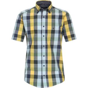 CASA MODA - Sport Casual Fit Overhemd - Korte Mouw - Blauw met Geel Geruit - Strijkvriendelijk