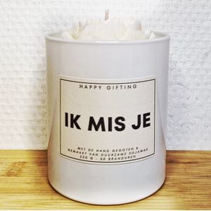 Ik mis je - Soja was geurkaars - Witte roos - Kaarsglas glanzend wit - Kaneel geur - 250 gram - 50 branduren - Geurkaars - Kaars - Kaars met tekst - Soja was – Soy wax – Handgemaakt – Cadeau – Cinnamon - Geschenk – Duurzaam