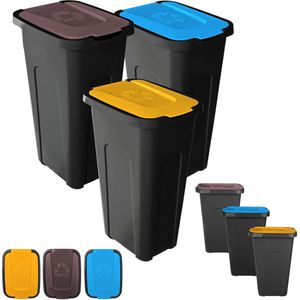 KADAX Vuilnisemmerset voor afvalscheiding, 3 x 30 liter, afvalemmerset voor afvalscheidingssysteem, afvalsorteerder, afvalcontainer van kunststof met klapdeksel (3, bruin, geel en blauw)