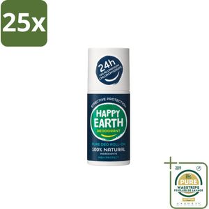 25 x Happy Earth – Deodorant Roll-On – 100% Natuurlijk Men Protect – 75 ml - Grootverpakking - Natuurlijke Deodorant - Mannen Deodorant - Roll-on Deodorant - Geurbeheersing - Huidvriendelijk Deodorant