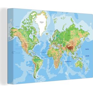 Canvas Schilderij Wereldkaart - Kleuren - Atlas - Aarde - Canvasdoek - 180x120 - Muurdecoratie
