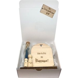 Boîte cadeau Veux-tu être ma maraine? | peg doll | bleu | cousin | fleurs séchées | marraine | parrain | pour la vie | j ai une question pour vous