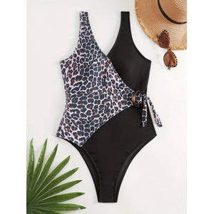 Badpak- laag uitgesneden luipaardprint zwempak met V-hals Corrigerend badpak- Dames badmode bikini zwemkleding strandkleding- Zwart- Maat XXL
