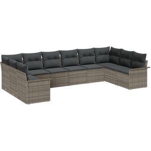 vidaXL - 10-delige - Tuin - Sofa - Set - met - kussens - Grijs - Poly - Rattan