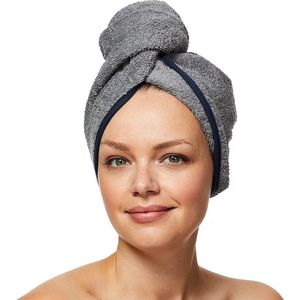 Sowel® Haartulband van 100% biologisch katoen, tulband handdoek met knoop, dames en heren, grijs/marineblauw