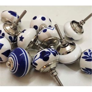 12 x Prachtige RiaD deurknop keramiek wit met blauw met schroef voor kast - DIY - kastknop- Meubelknop - Deurknoppen voor kasten - Meubelbeslag - Deurknopjes - Meubelknoppen