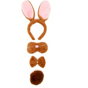 KIMU Konijn Haarband Oren & Staart Diadeem Set - Bruin Oortjes Haas Paashaas Pasen Dierenpak Pak - Kinderfeestje Oortjes Staartje Strikje Festival