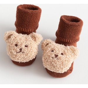 2 paar herfst- en wintersokken voor baby's en peuters - Antislip wintersokken voor baby's - Dikke zachte vloersokken - Warme katoenen sokken voor peuters - Leuke cartoonpatroon kindersokken - Mid-tube peutersokken - Maat S (0-1 jaar) - donkerbruin