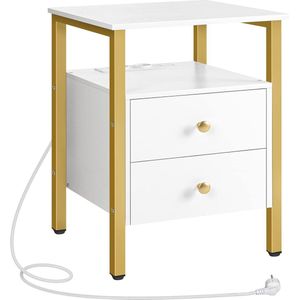 Nachtkastje met Verlengsnoer - Incl. 2 Stopcontacten & 2 USB Poorten - Nachttafel met Laden en Legplank - Bijzettafel - Eenvoudig te Monteren - Wit