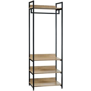 Garderobe Kledingrek met 3 Planken – Kapstok Kast – Licht Eiken en Zwart/Wit – Kledinghanger met Schoenenrek – 56x36x170 cm – E1 Hout en Staal – Voor Hal, Slaapkamer, Kantoor – 25 kg Draagkracht – Compact en Stabiel